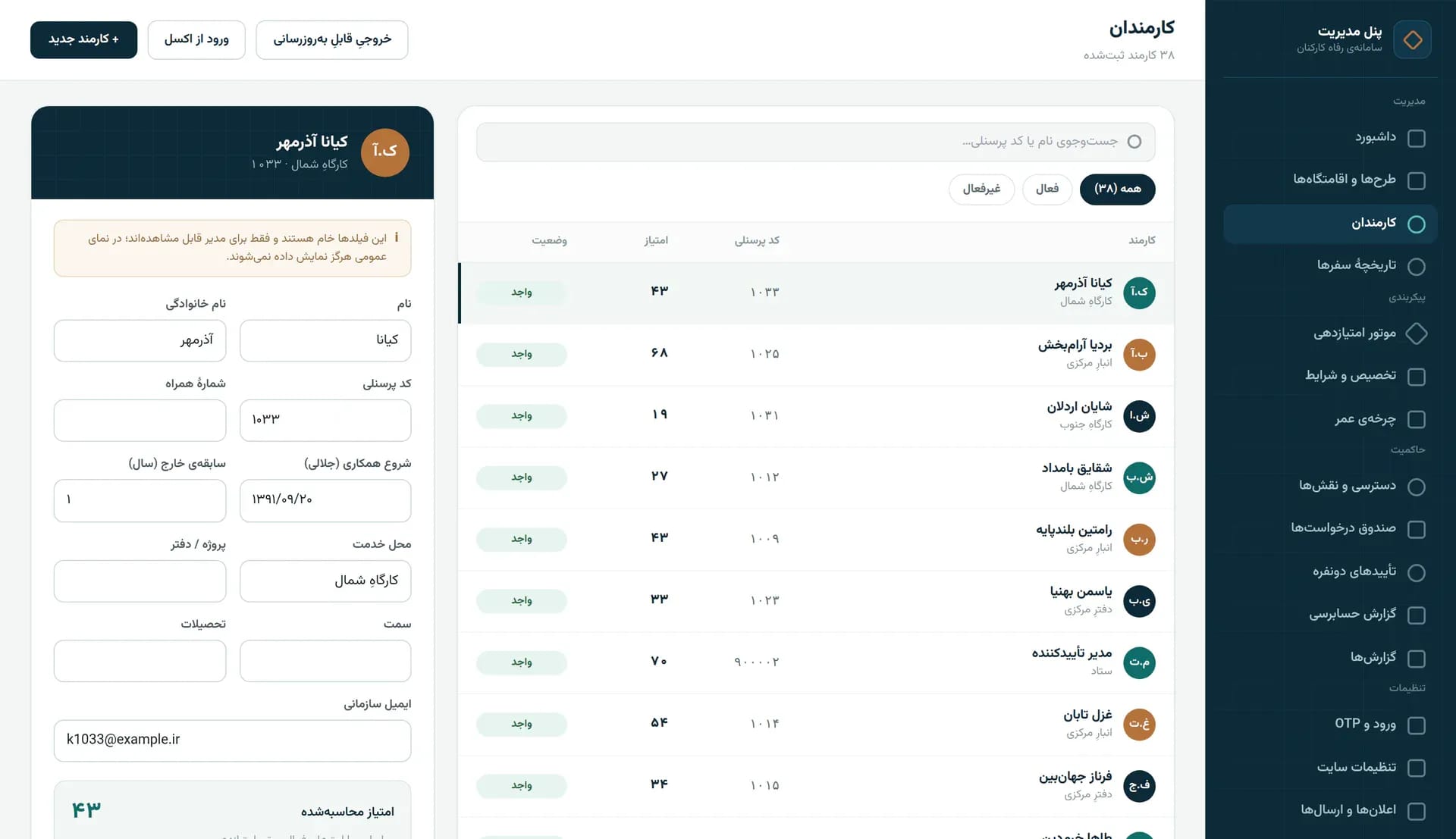 فهرستِ کارمندان در پنلِ مدیریت: جستوجو، فیلترِ فعال و غیرفعال، جدولِ کارمندانِ ساختگی با نام، محلِ خدمت، کدِ پرسنلی، امتیاز و وضعیتِ واجدِ شرایط، و کارتِ پروفایلِ کارمندِ انتخابشده با فیلدهای خام که فقط مدیر میبیند و امتیازِ محاسبهشده